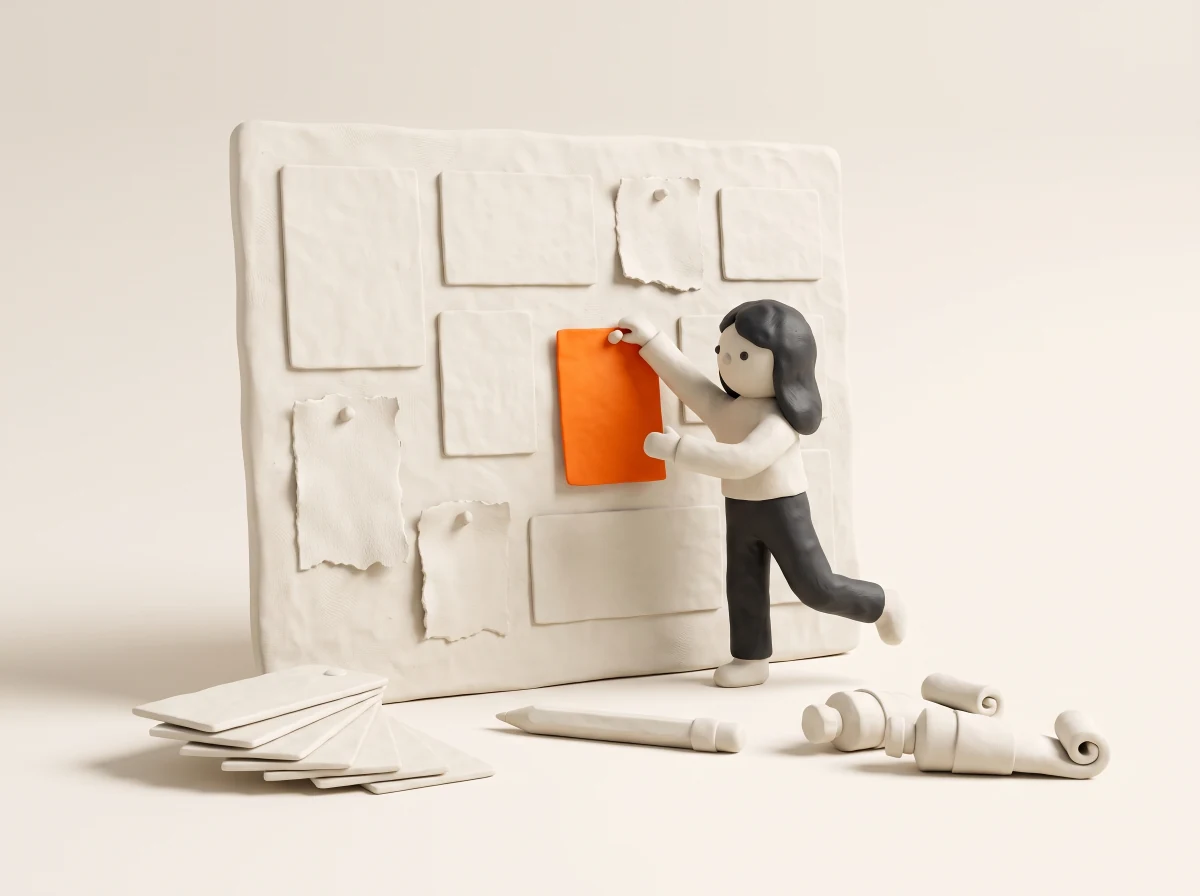 Clay-Szene: Eine Figur pinnt Karten und Muster an ein Moodboard, eine Karte ist orange — die Marke entsteht